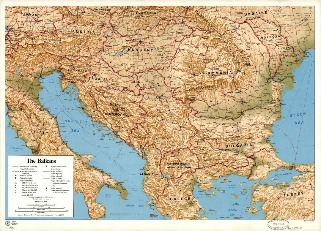 Large detailed political map of the Balkans with relief, cities, roads, railroads, seaports, airports and other marks - 1999